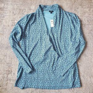 NWT Talbots Size 1X Blue Damask Print Long Sleeve Faux Wrap Blouse Top